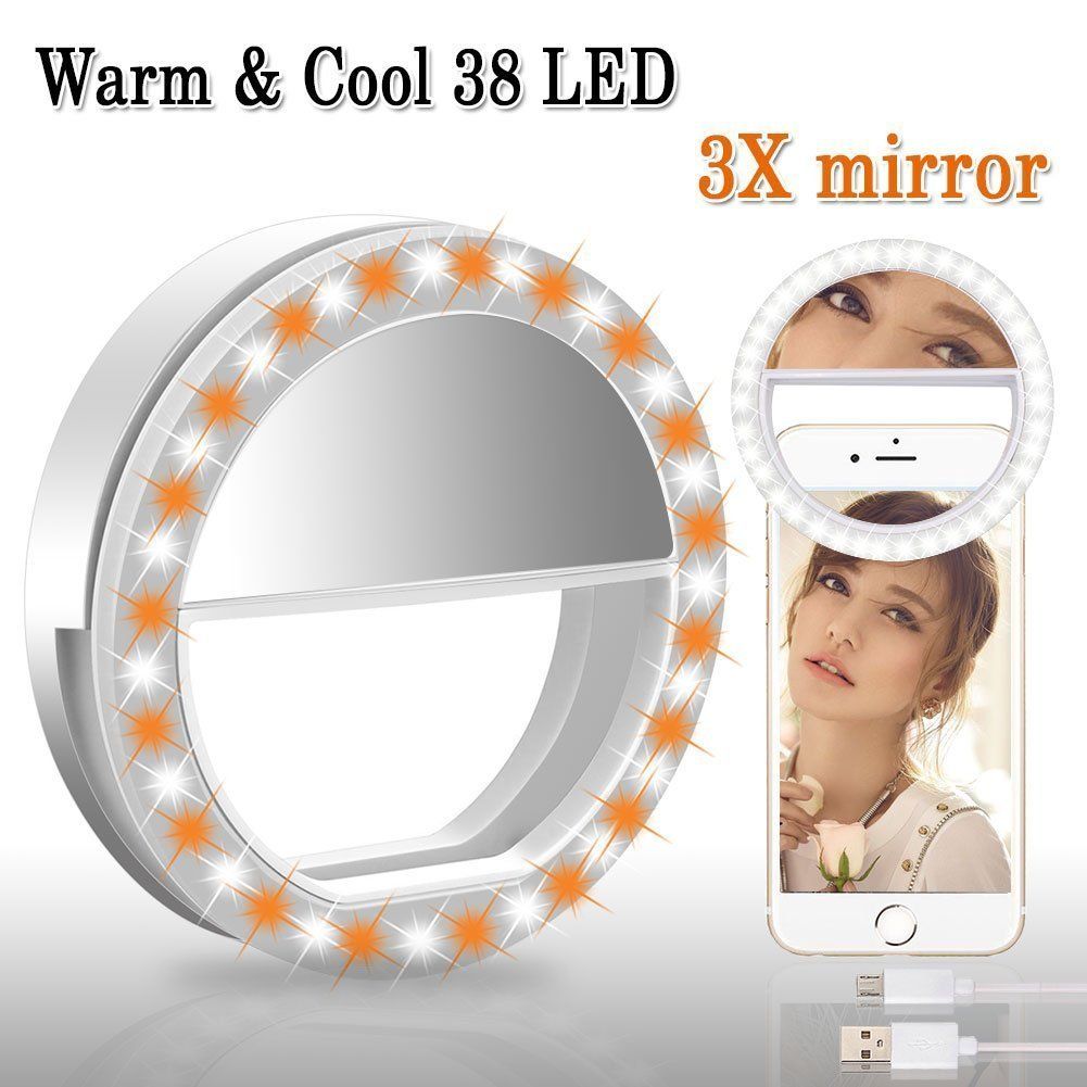 BMK Selfie Ring Light Clip Rechargeable 38 LED Bulbs Adjustable Selfie Lighting with 3X Magnifying Mirror for Tablet, iPad, Laptop etc (3X Mirror